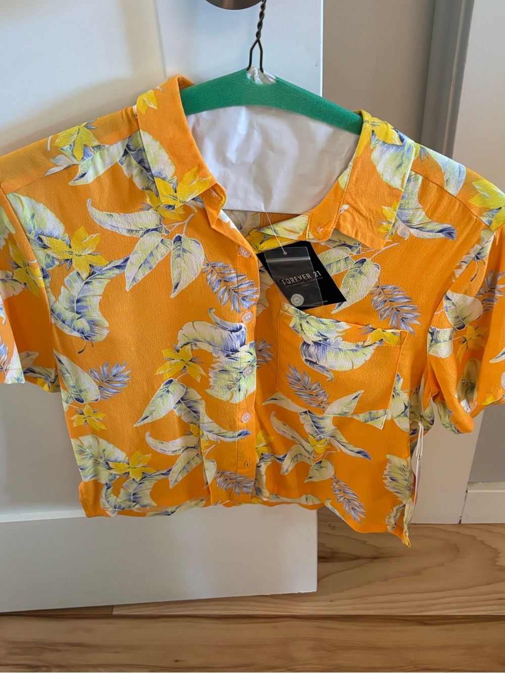 Forever 21 Yellow Tropical Floral Crop Button-Up